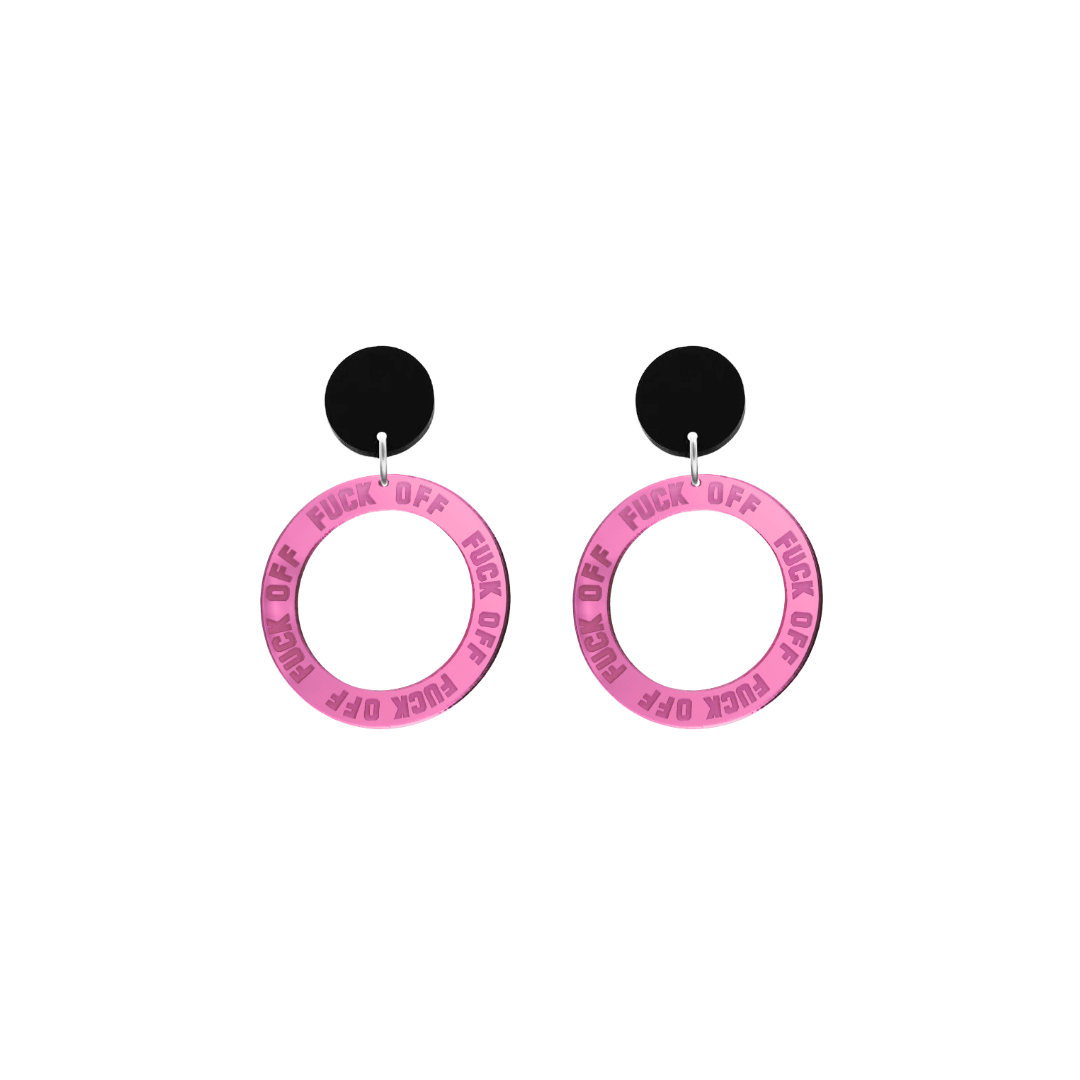 haus of dizzy pink mirror acrylic hoop earrings with 'F**K OFF' text engraved around hoop size extra small with black circle stud tops