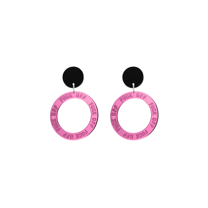 haus of dizzy pink mirror acrylic hoop earrings with 'F**K OFF' text engraved around hoop size extra small with black circle stud tops