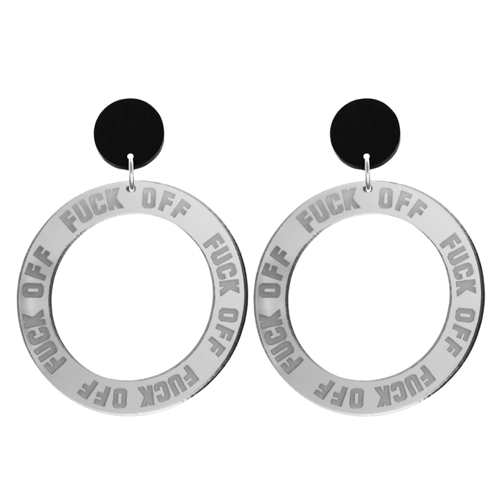 haus of dizzy silver mirror acrylic hoop earrings with 'F**K OFF' text engraved around hoop size large with black circle stud tops
