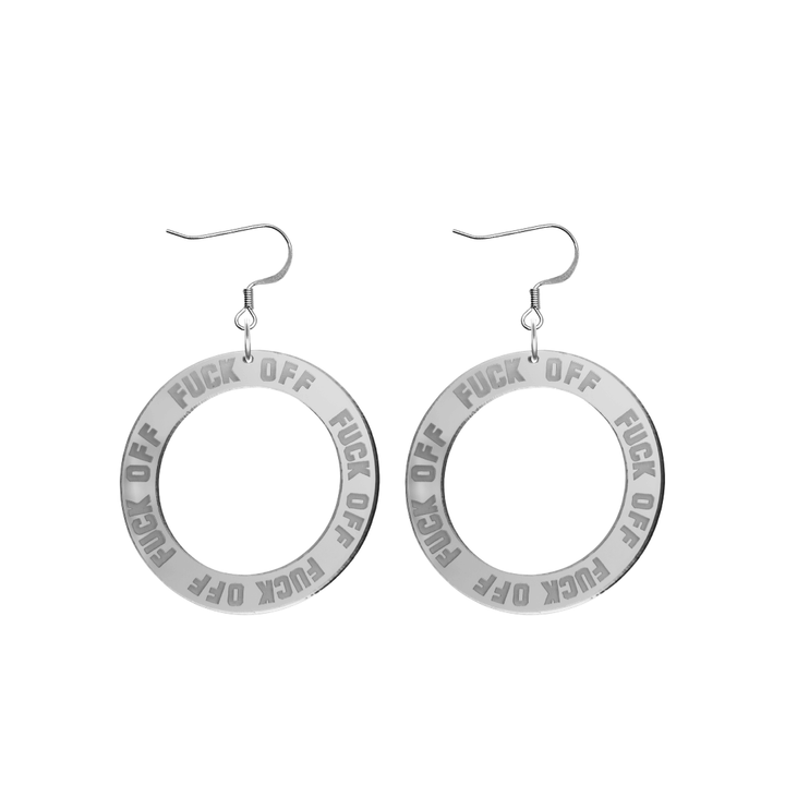 haus of dizzy silver mirror acrylic hoop earrings with 'F**K OFF' text engraved around hoop size small with hooks no stud tops