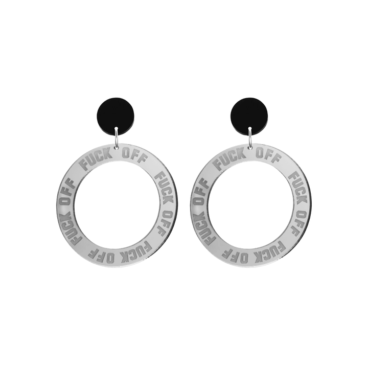 haus of dizzy silver mirror acrylic hoop earrings with 'F**K OFF' text engraved around hoop size small with black circle stud tops