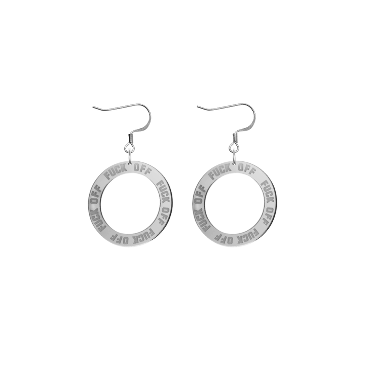 haus of dizzy silver mirror acrylic hoop earrings with 'F**K OFF' text engraved around hoop size extra small with hooks no stud tops