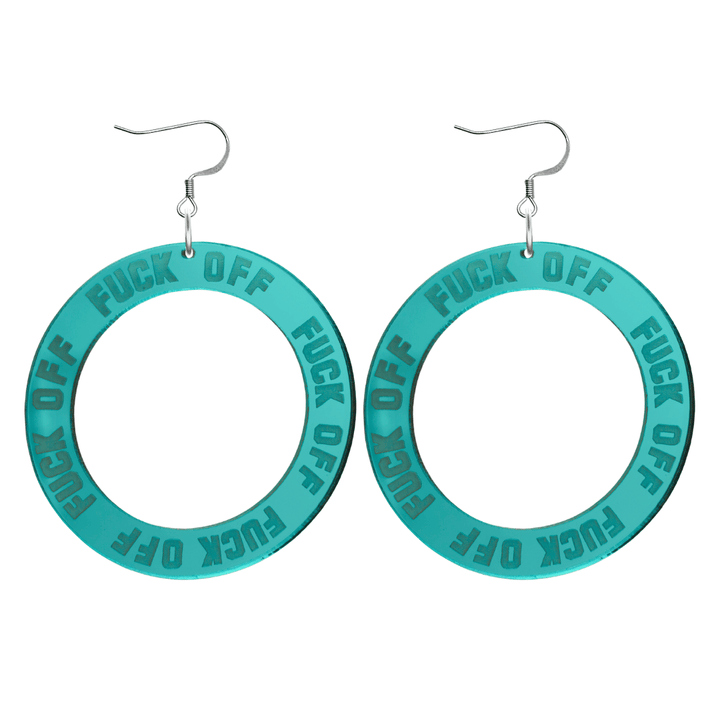 haus of dizzy teal mirror acrylic hoop earrings with 'F**K OFF' text engraved around hoop size large with hooks no stud tops