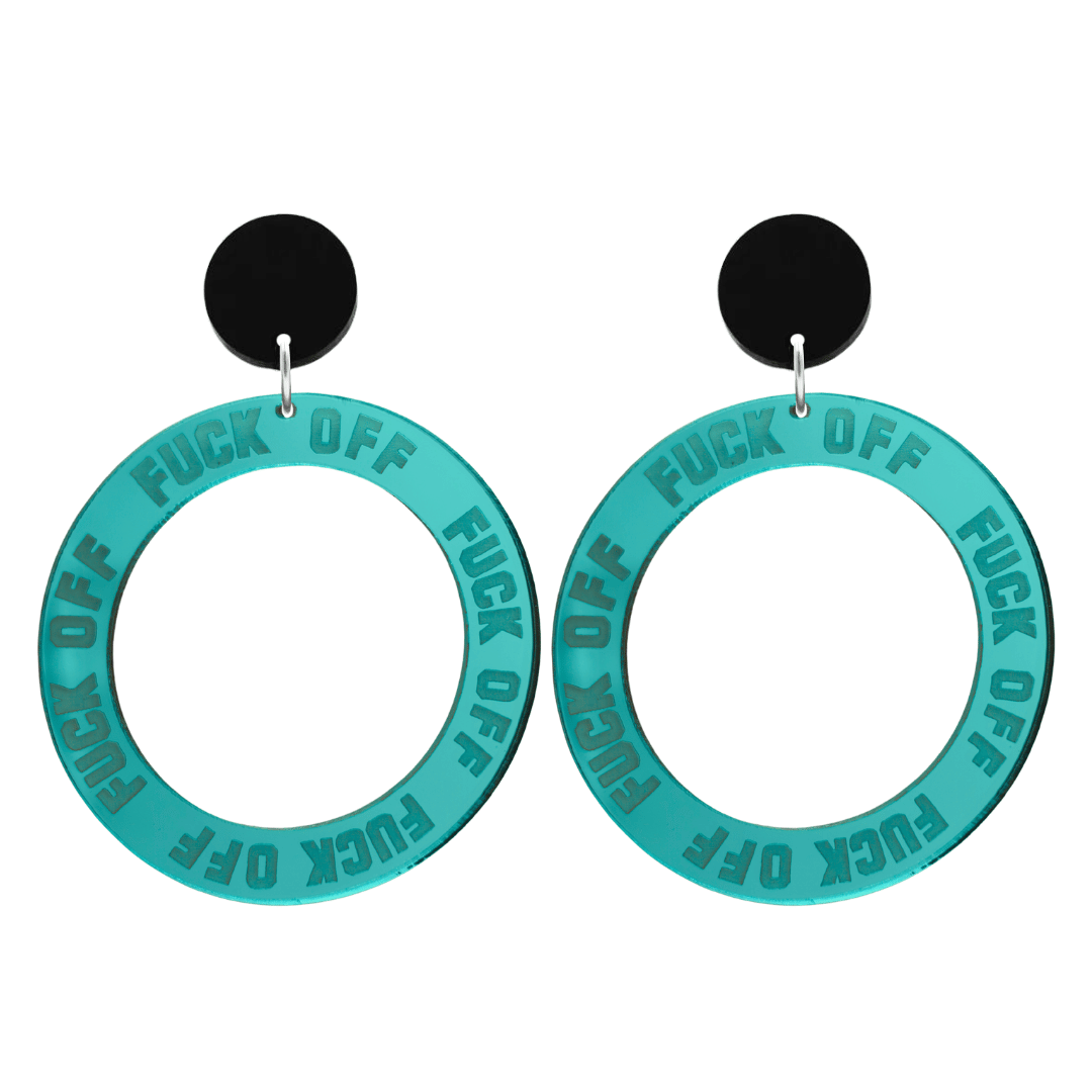 haus of dizzy teal mirror acrylic hoop earrings with 'F**K OFF' text engraved around hoop size large with black circle stud tops