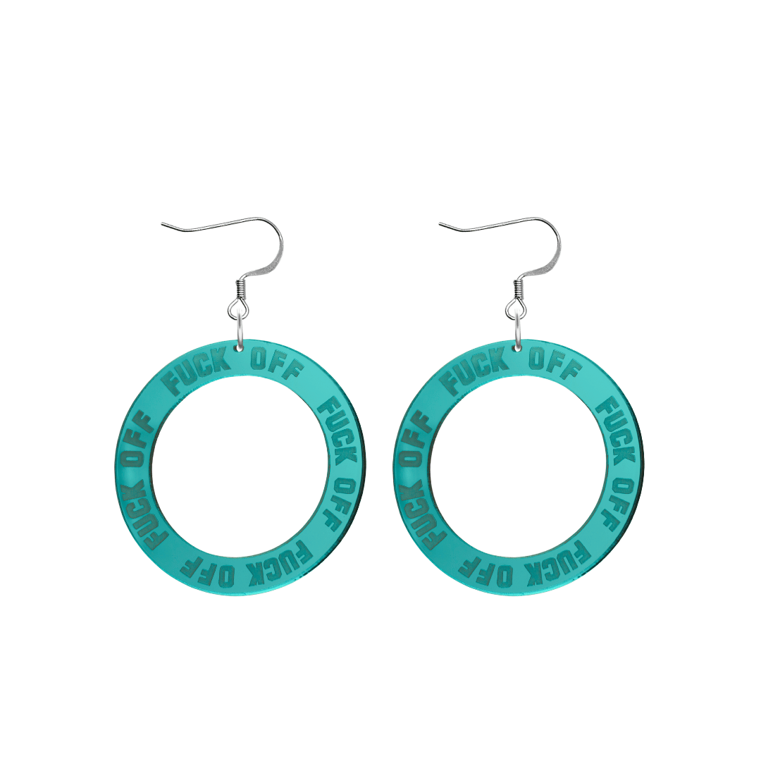 haus of dizzy teal mirror acrylic hoop earrings with 'F**K OFF' text engraved around hoop size small with hooks no stud tops