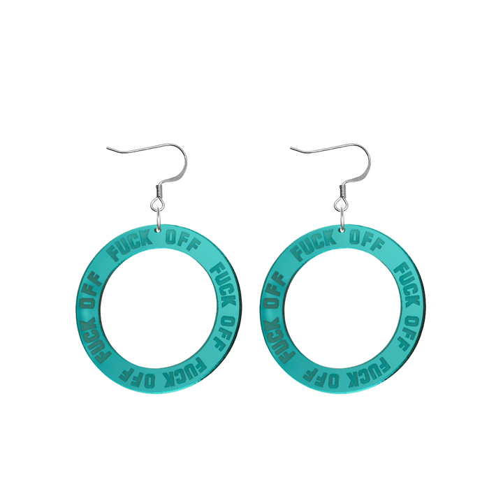 haus of dizzy teal mirror acrylic hoop earrings with 'F**K OFF' text engraved around hoop size small with hooks no stud tops