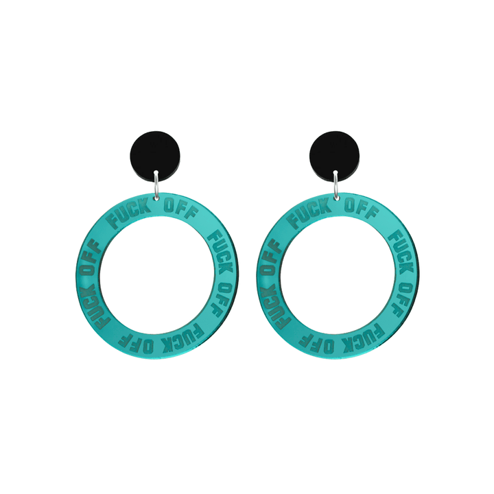 haus of dizzy teal mirror acrylic hoop earrings with 'F**K OFF' text engraved around hoop size small with black circle stud tops