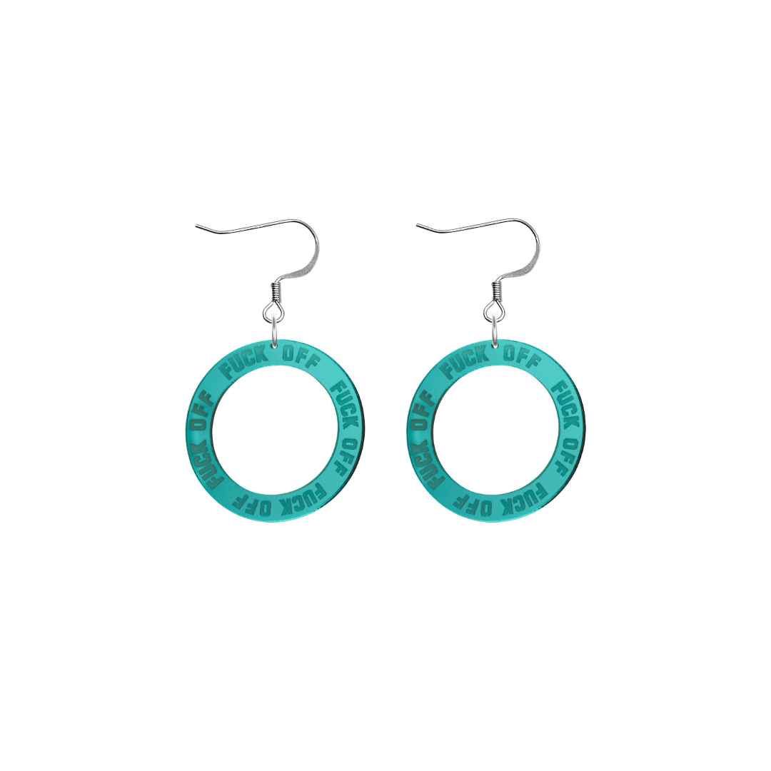 haus of dizzy teal mirror acrylic hoop earrings with 'F**K OFF' text engraved around hoop size extra small with hooks no stud tops