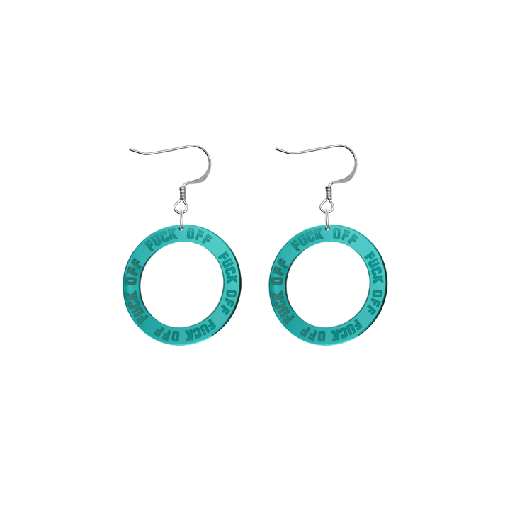 haus of dizzy teal mirror acrylic hoop earrings with 'F**K OFF' text engraved around hoop size extra small with hooks no stud tops