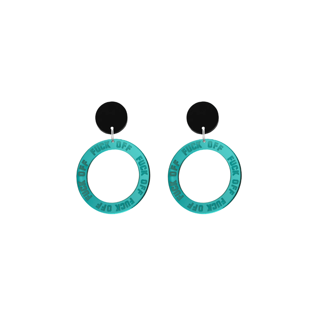 haus of dizzy teal mirror acrylic hoop earrings with 'F**K OFF' text engraved around hoop size extra small with black circle stud tops