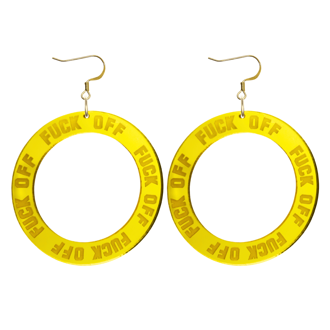 haus of dizzy yellow mirror acrylic hoop earrings with 'F**K OFF' text engraved around hoop size large with hooks no stud tops