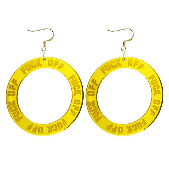haus of dizzy yellow mirror acrylic hoop earrings with 'F**K OFF' text engraved around hoop size large with hooks no stud tops
