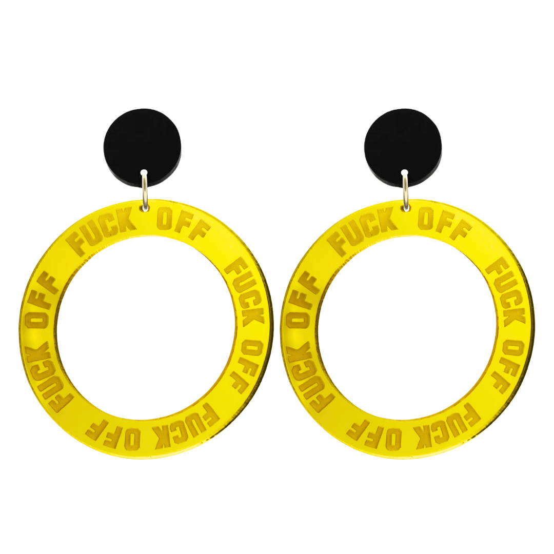 haus of dizzy yellow mirror acrylic hoop earrings with 'F**K OFF' text engraved around hoop size large with black circle stud tops