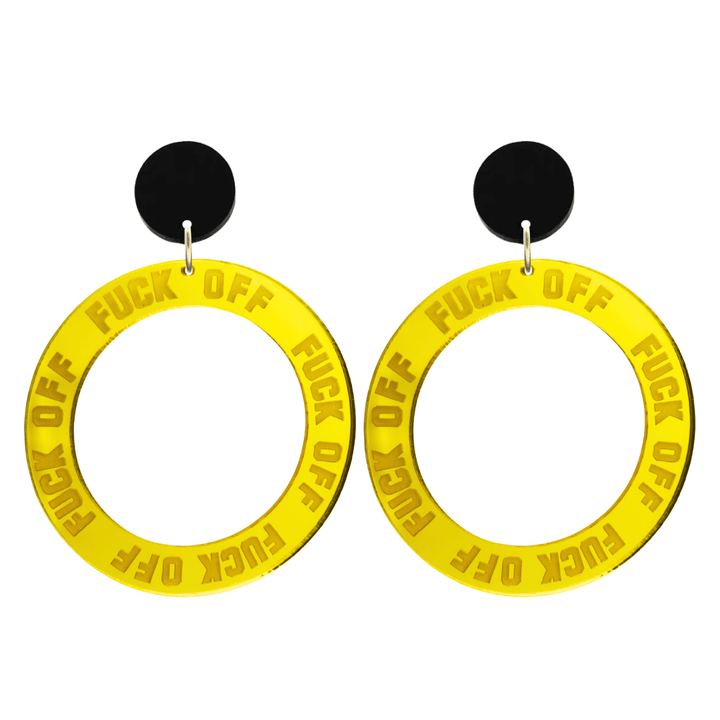 haus of dizzy yellow mirror acrylic hoop earrings with 'F**K OFF' text engraved around hoop size large with black circle stud tops