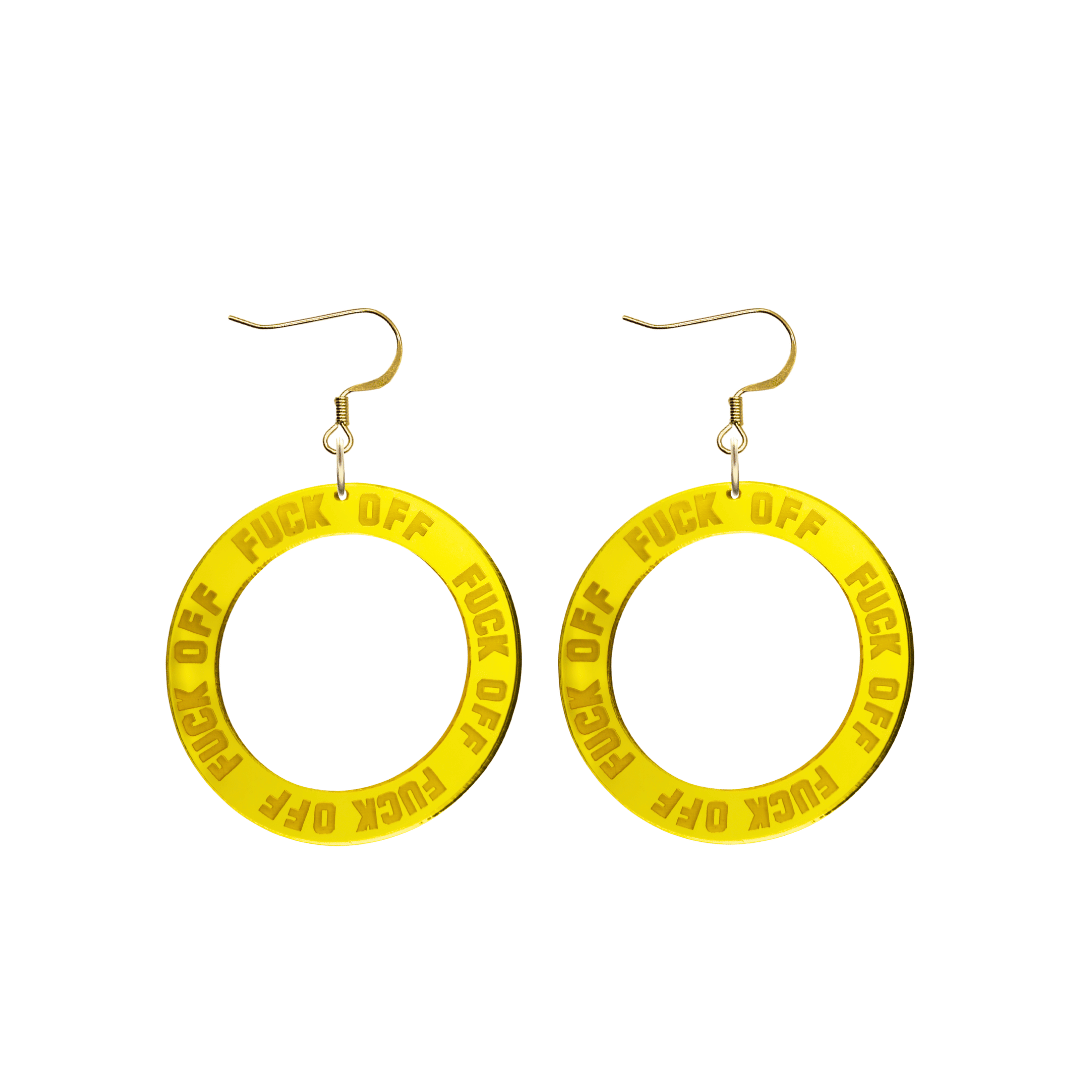 haus of dizzy yellow mirror acrylic hoop earrings with 'F**K OFF' text engraved around hoop size small with hooks no stud tops