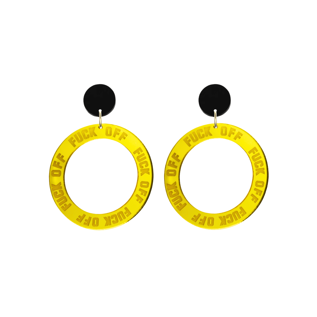haus of dizzy yellow mirror acrylic hoop earrings with 'F**K OFF' text engraved around hoop size small with black circle stud tops