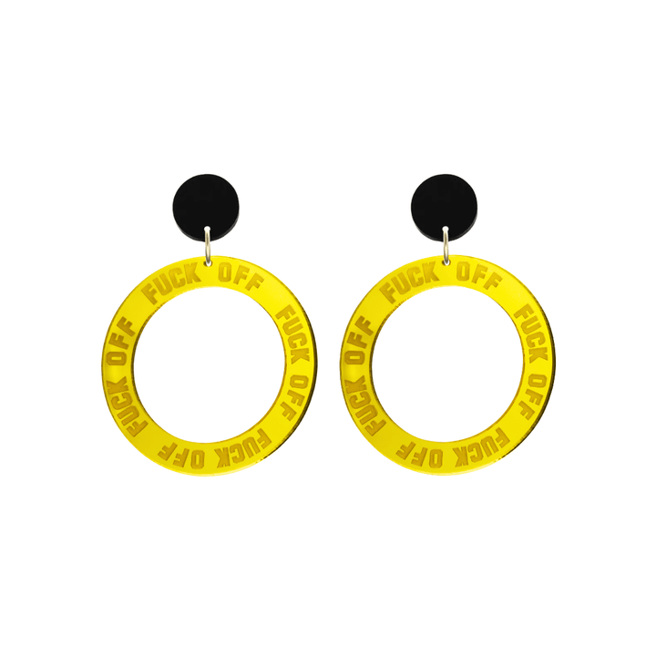 haus of dizzy yellow mirror acrylic hoop earrings with 'F**K OFF' text engraved around hoop size small with black circle stud tops
