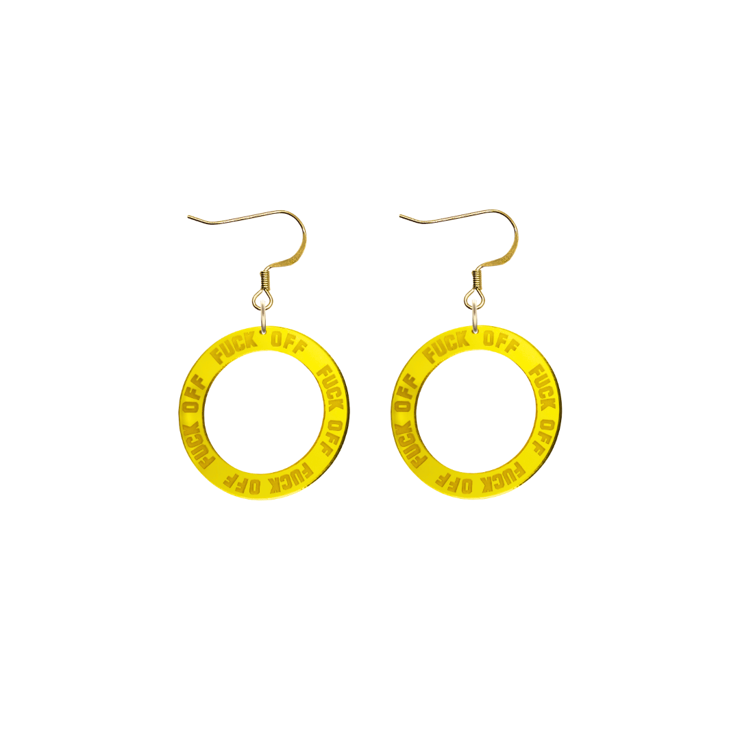 haus of dizzy yellow mirror acrylic hoop earrings with 'F**K OFF' text engraved around hoop size extra small with hooks no stud tops