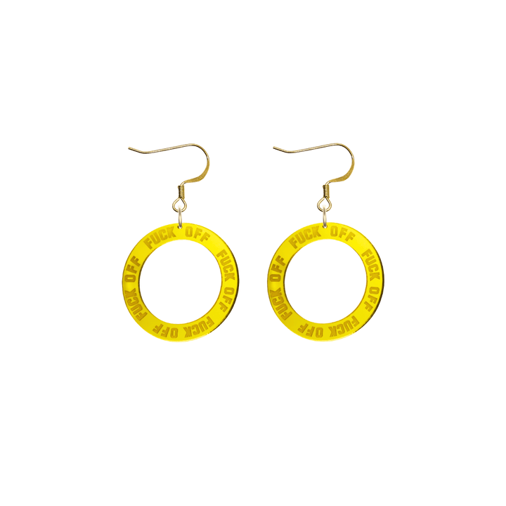 haus of dizzy yellow mirror acrylic hoop earrings with 'F**K OFF' text engraved around hoop size extra small with hooks no stud tops