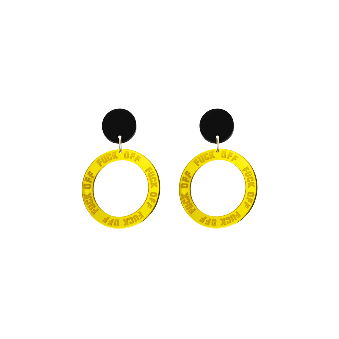 haus of dizzy yellow mirror acrylic hoop earrings with 'F**K OFF' text engraved around hoop size extra small with black circle stud tops