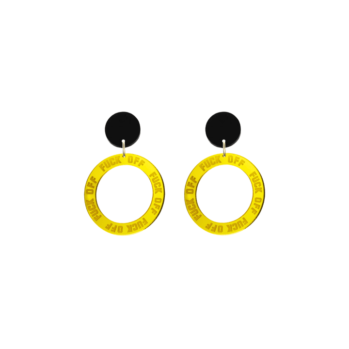 haus of dizzy yellow mirror acrylic hoop earrings with 'F**K OFF' text engraved around hoop size extra small with black circle stud tops