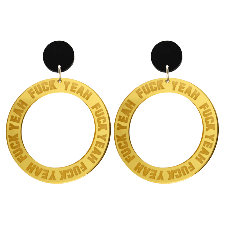 haus of dizzy gold mirror acrylic hoop earrings with 'F**K YEAH' text engraved around hoop with black circle stud top size large