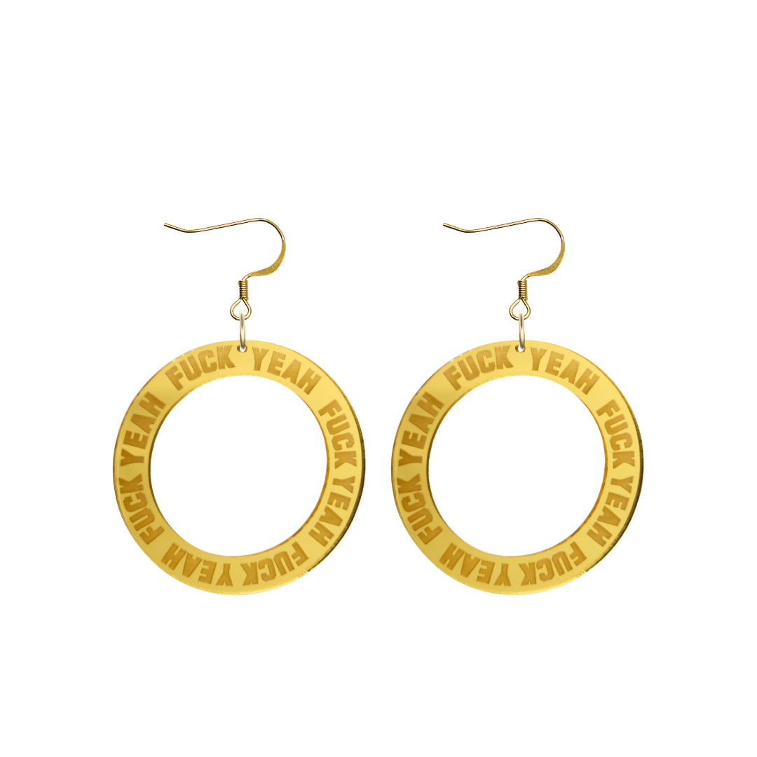 haus of dizzy gold mirror acrylic hoop earrings with 'F**K YEAH' text engraved around hoop with gold hooks no stud top size small