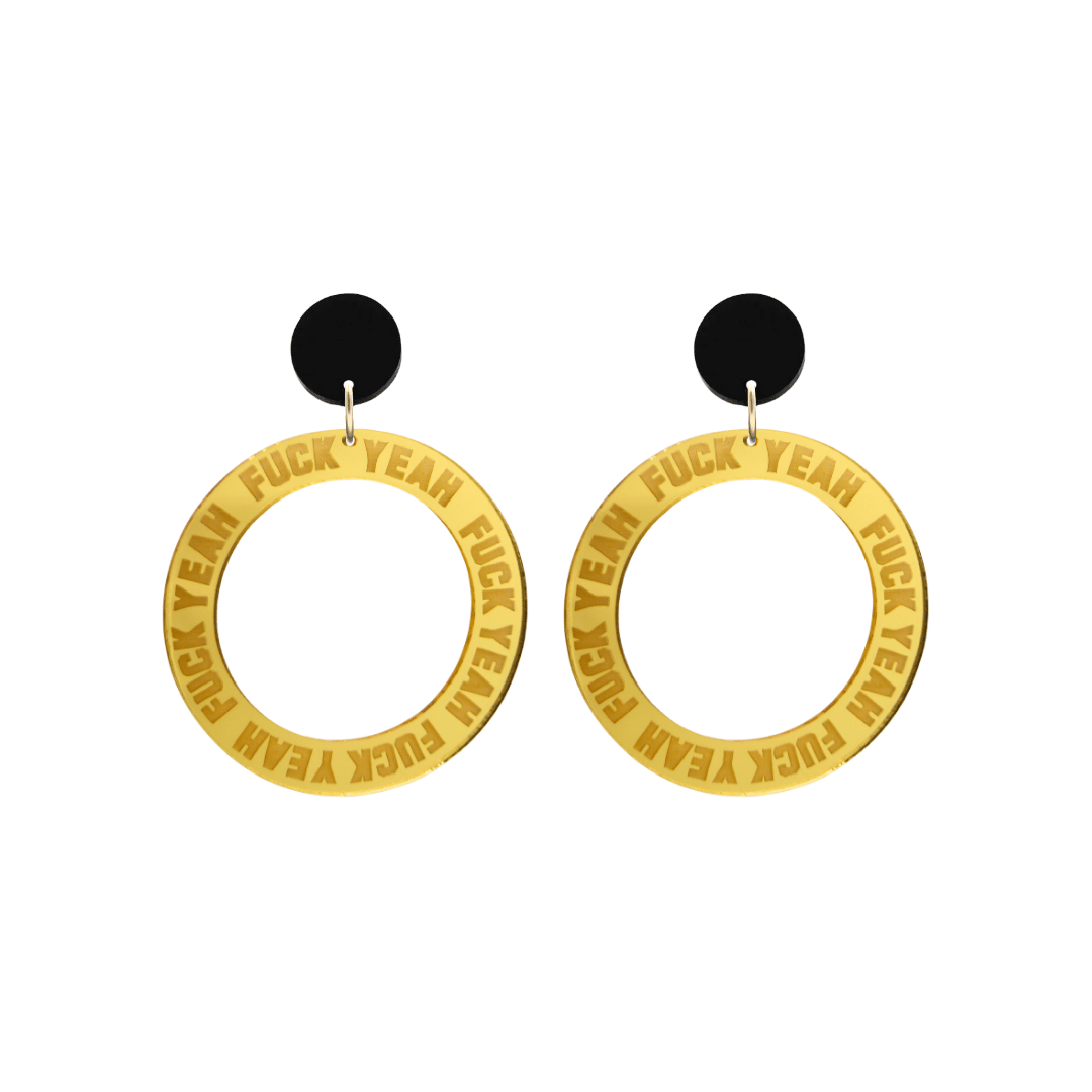 haus of dizzy gold mirror acrylic hoop earrings with 'F**K YEAH' text engraved around hoop with black circle stud top size small