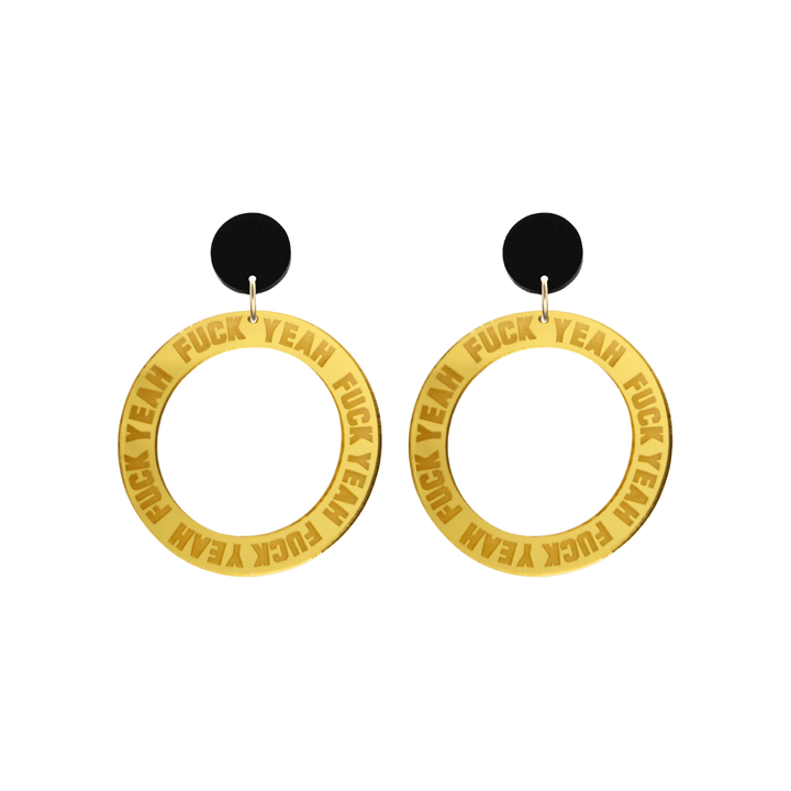 haus of dizzy gold mirror acrylic hoop earrings with 'F**K YEAH' text engraved around hoop with black circle stud top size small