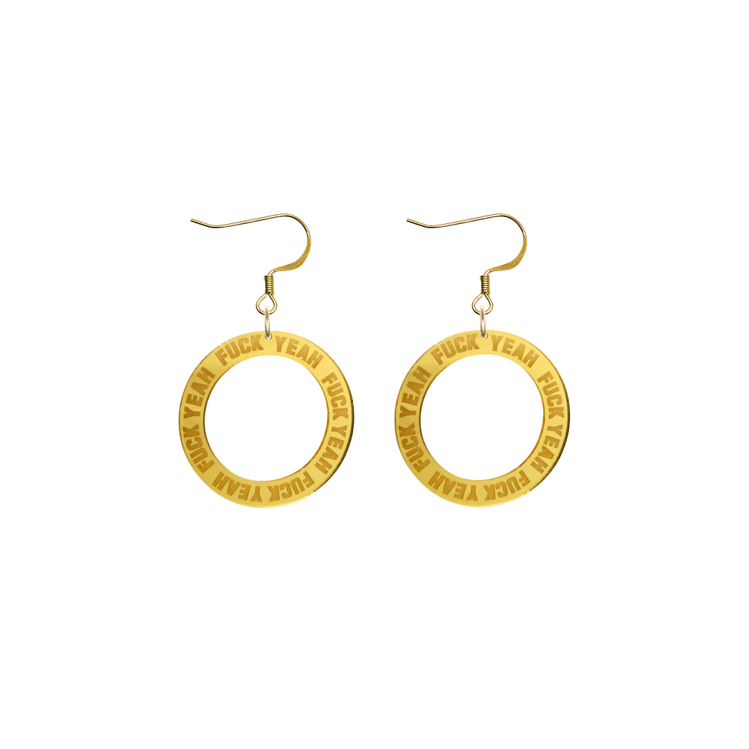 haus of dizzy gold mirror acrylic hoop earrings with 'F**K YEAH' text engraved around hoop size extra small with hooks no circle tops