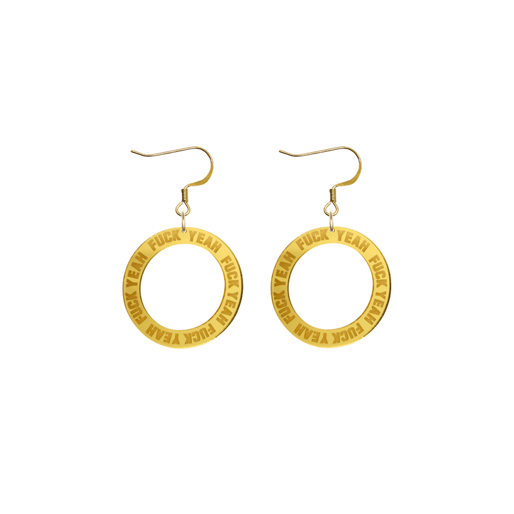 haus of dizzy gold mirror acrylic hoop earrings with 'F**K YEAH' text engraved around hoop size extra small with hooks no circle tops