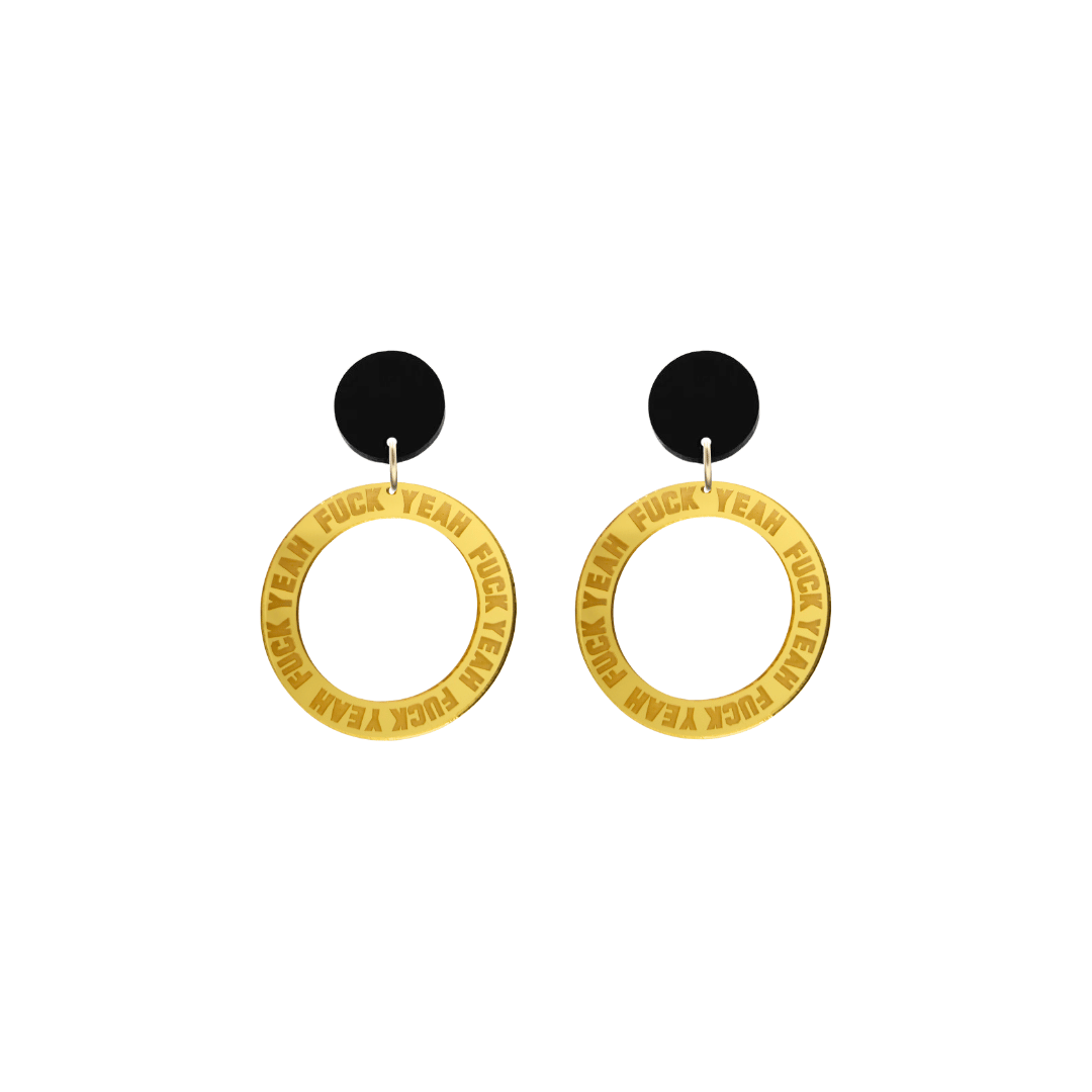 haus of dizzy gold mirror acrylic hoop earrings with 'F**K YEAH' text engraved around hoop with black circle stud top size extra small