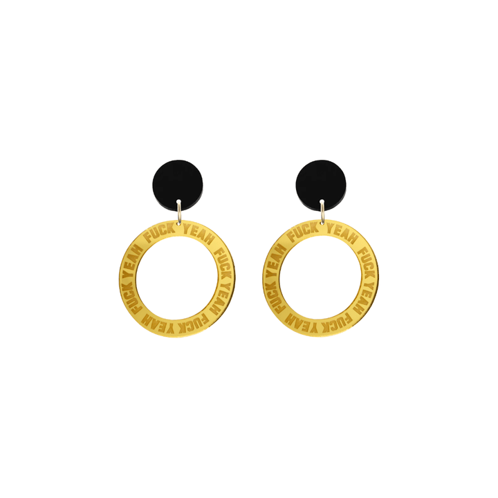 haus of dizzy gold mirror acrylic hoop earrings with 'F**K YEAH' text engraved around hoop with black circle stud top size extra small
