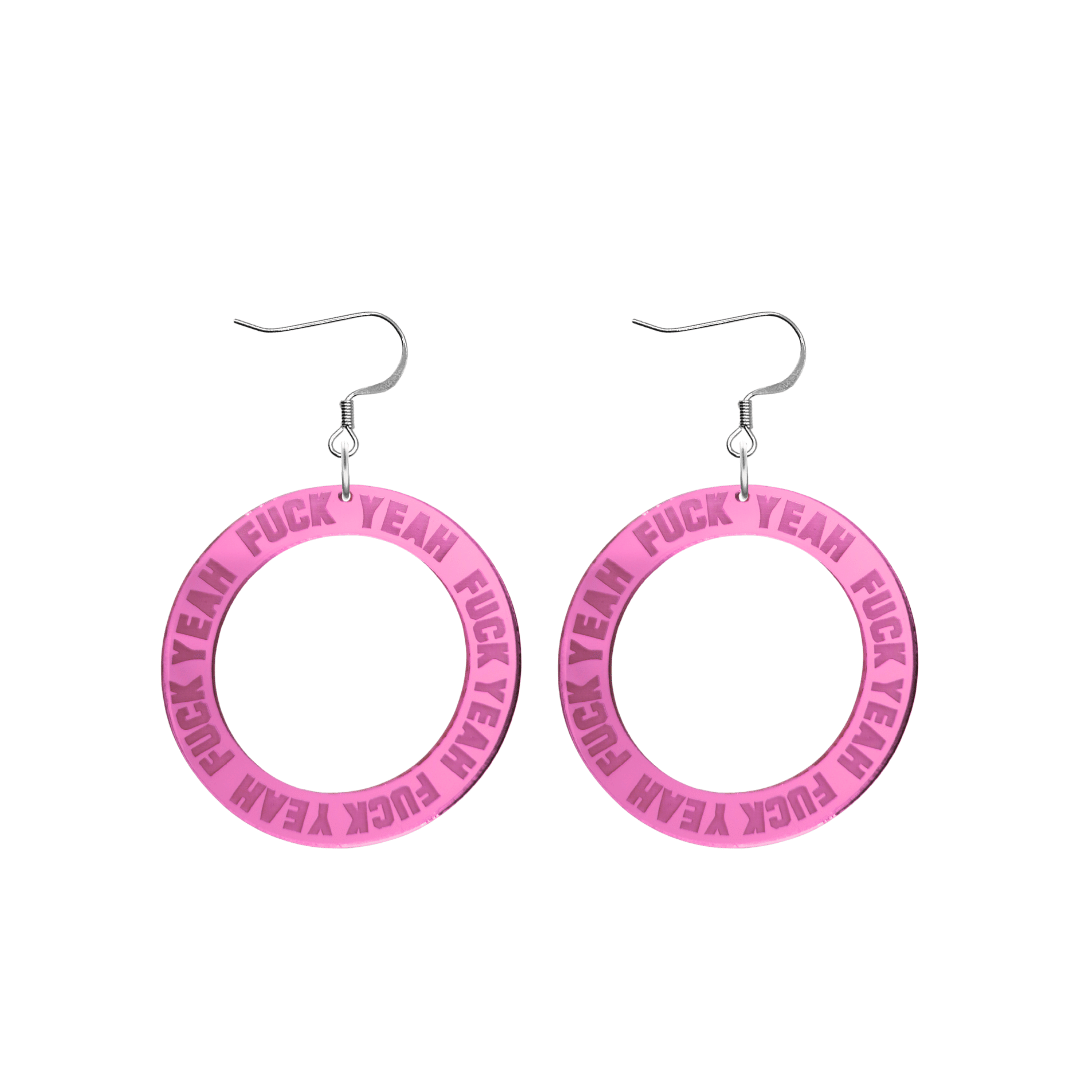 haus of dizzy pink mirror acrylic hoop earrings with 'F**K YEAH' text engraved around hoop size small with silver hooks no stud tops