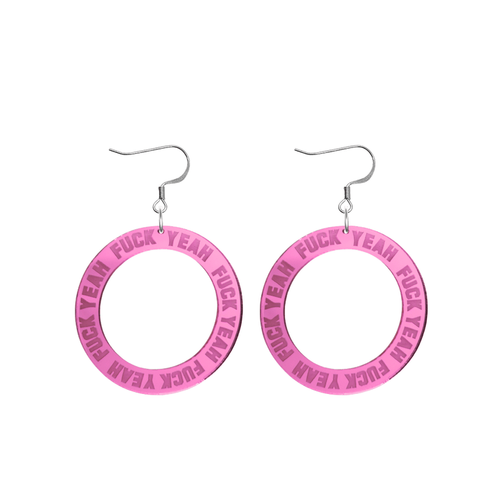 haus of dizzy pink mirror acrylic hoop earrings with 'F**K YEAH' text engraved around hoop size small with silver hooks no stud tops
