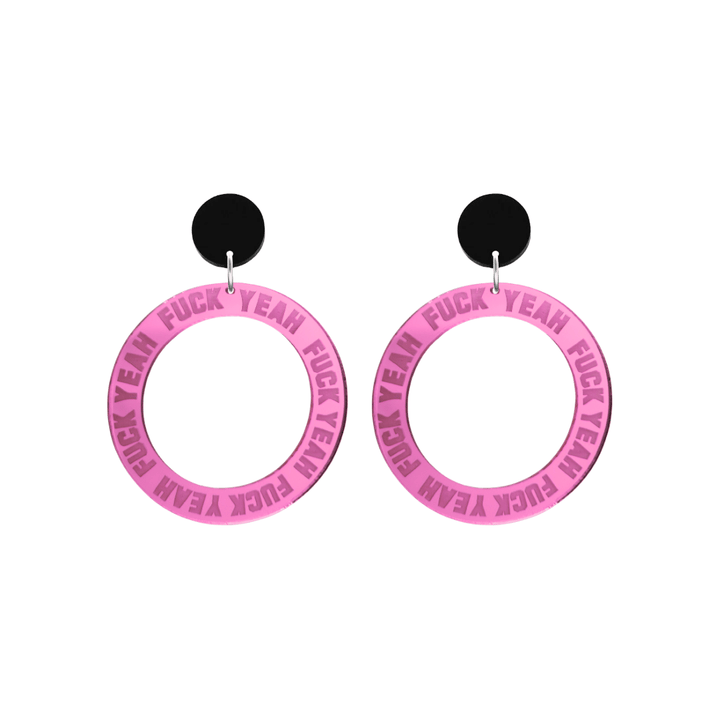 haus of dizzy pink mirror acrylic hoop earrings with 'F**K YEAH' text engraved around hoop size small with black circle stud tops
