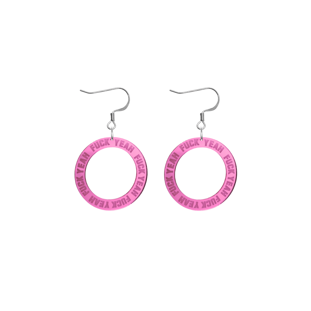 haus of dizzy pink mirror acrylic hoop earrings with 'F**K YEAH' text engraved around hoop size extra small with silver hooks no stud tops