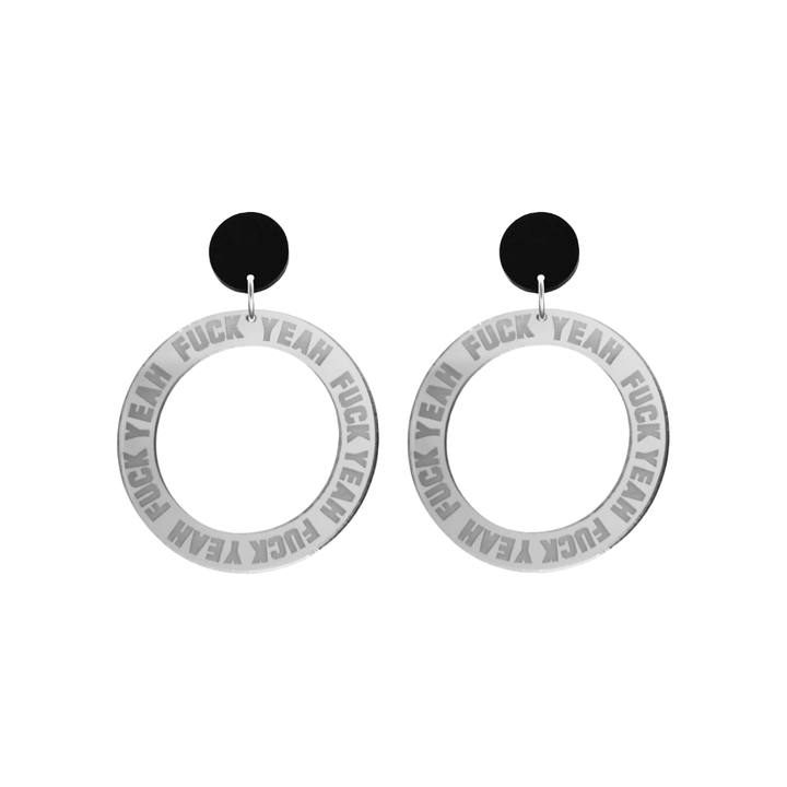 haus of dizzy silver mirror acrylic hoop earrings with 'F**K YEAH' text engraved around hoop size small with black circle stud tops