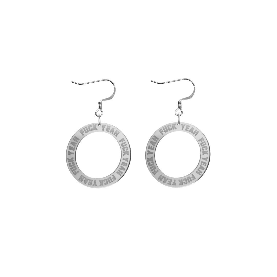 haus of dizzy silver mirror acrylic hoop earrings with 'F**K YEAH' text engraved around hoop size extra small with silver hooks no stud tops