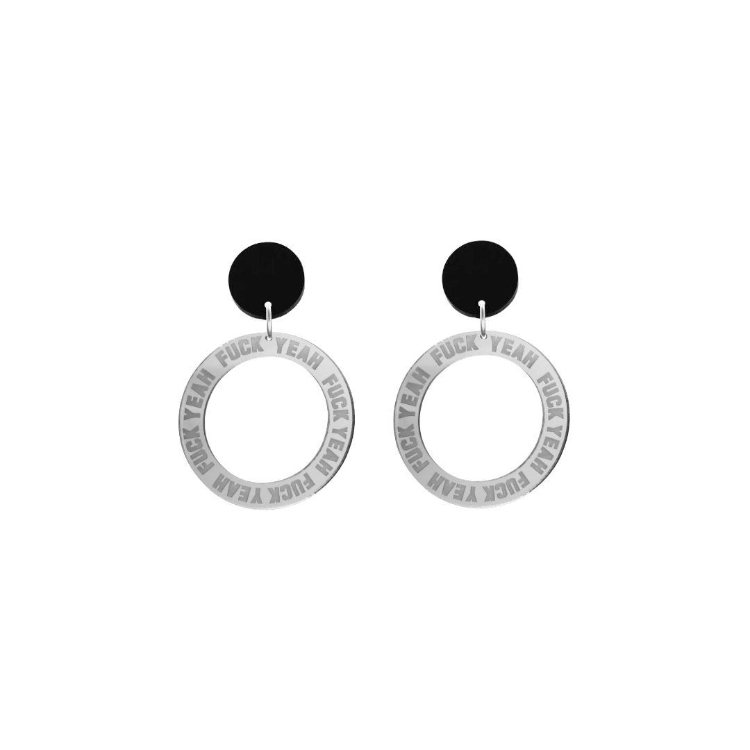 haus of dizzy silver mirror acrylic hoop earrings with 'F**K YEAH' text engraved around hoop size extra small with black circle stud tops