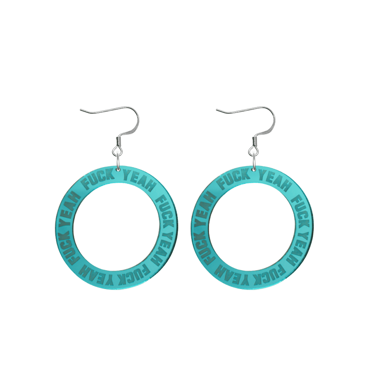 haus of dizzy teal mirror acrylic hoop earrings with 'F**K YEAH' text engraved around hoop size small with silver hooks no stud tops
