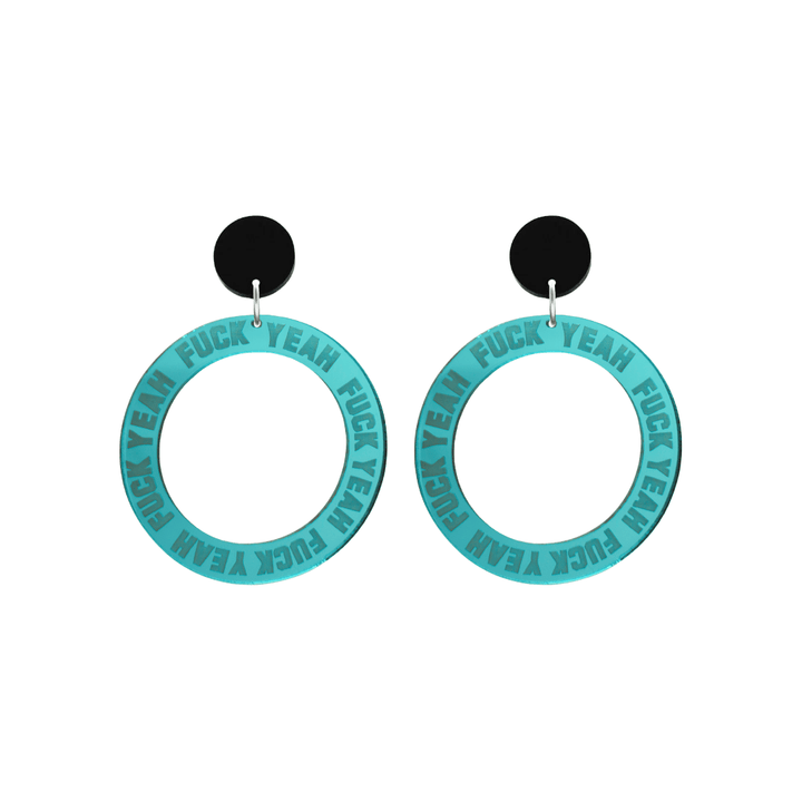 haus of dizzy teal mirror acrylic hoop earrings with 'F**K YEAH' text engraved around hoop size small with black circle stud tops