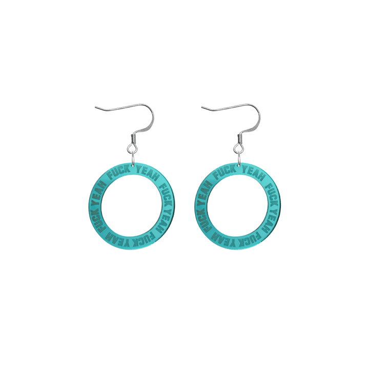 haus of dizzy teal mirror acrylic hoop earrings with 'F**K YEAH' text engraved around hoop size extra small with silver hooks no stud tops