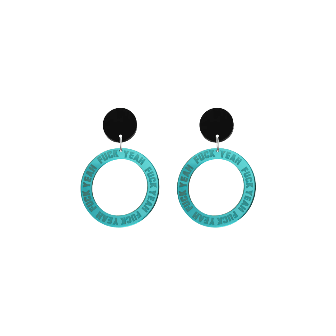 haus of dizzy teal mirror acrylic hoop earrings with 'F**K YEAH' text engraved around hoop size extra small with black circle stud tops