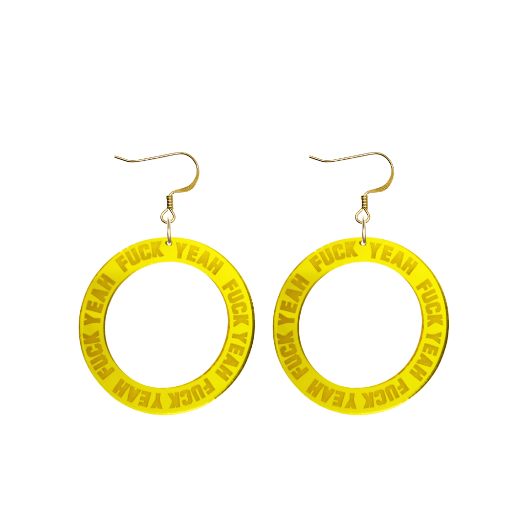 haus of dizzy yellow mirror acrylic hoop earrings with 'F**K YEAH' text engraved around hoop size small with gold hooks no stud tops