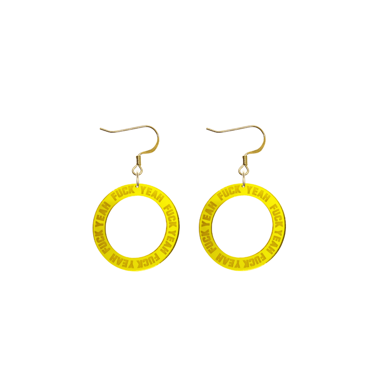 haus of dizzy yellow mirror acrylic hoop earrings with 'F**K YEAH' text engraved around hoop size extra small with gold hooks no stud tops