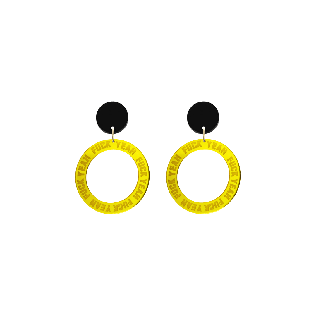 haus of dizzy yellow mirror acrylic hoop earrings with 'F**K YEAH' text engraved around hoop size extra small with black circle stud tops