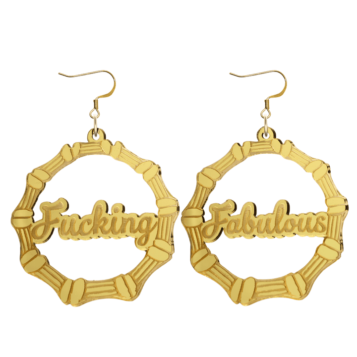 haus of dizzy acrylic gold mirror bamboo hoops with ollie cursive text that reads fucking fabulous, one word on each earring, with hooks no circle stud tops size large