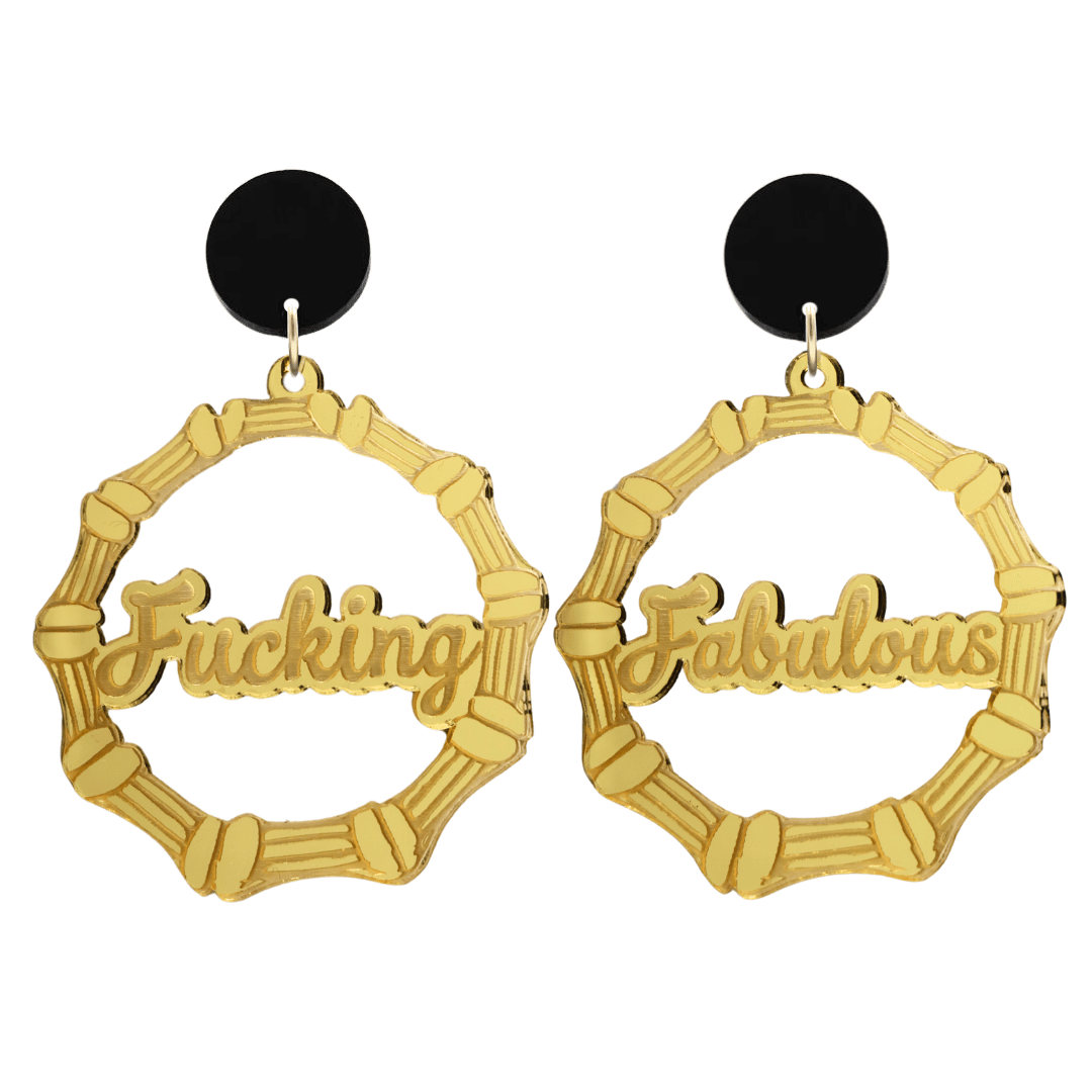 haus of dizzy acrylic gold mirror bamboo hoops with ollie cursive text that reads fucking fabulous, one word on each earring, with black circle stud tops size large