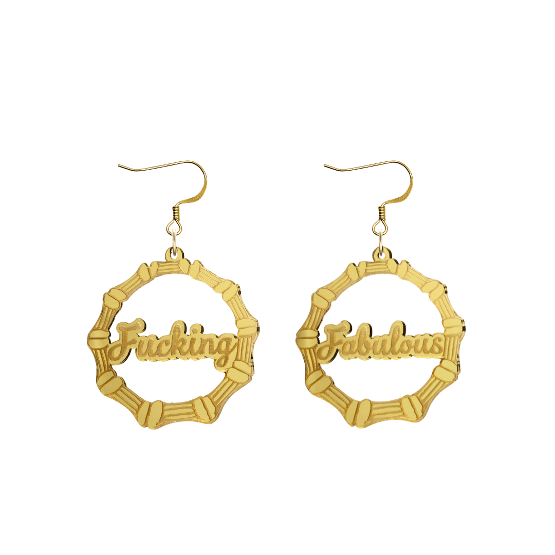 haus of dizzy acrylic gold mirror bamboo hoops with ollie cursive text that reads fucking fabulous, one word on each earring, with hooks no circle stud tops size small